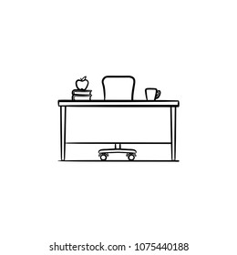 Icono del doodle dibujado a mano en el escritorio de trabajo. Dibujo vectorial del escritorio de trabajo del alumno o profesor para la impresión, web, móvil e infografía aislados en fondo blanco.