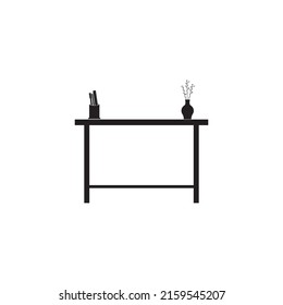 icono de escritorio de trabajo con decoración de florero y portaplumas,diseño de símbolo de ilustración vectorial.
