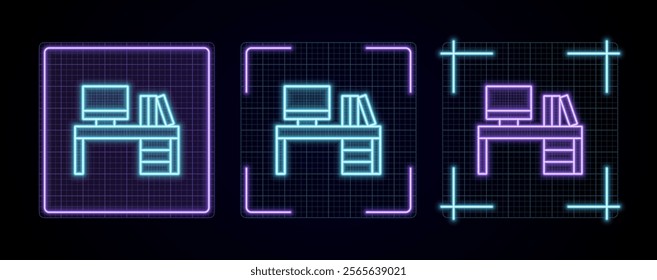 Work desk icon illustration, cyber neon visual, glowing border grid vector.