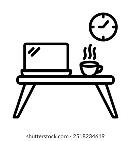 Work desk icon in line style. Work desk with laptop, coffee, and wall clock. Study table icon