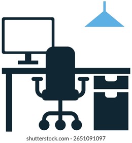 Work desk icon vector, symbolizing productivity, office environment, and a dedicated workspace. Ideal for illustrating remote work, study areas, and professional setups.