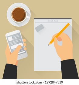 work desk illustration with coffee, biscuits, snacks, smartphones, sketchbooks, pencils. can be used as your design element.