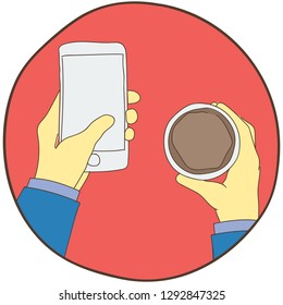 work desk illustration with coffee, biscuits, snacks, smartphones, sketchbooks, pencils. can be used as your design element.