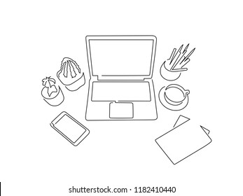 Work desk isolated line drawing, vector illustration design. People using technology collection.