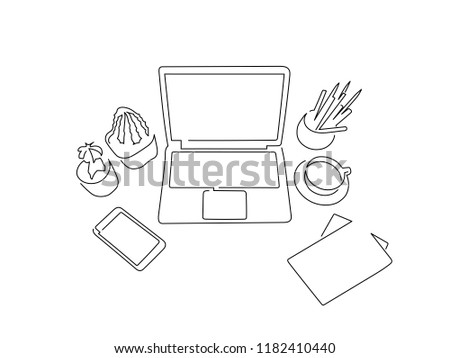 Work desk isolated line drawing, vector illustration design. People using technology collection.