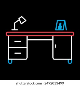 Work desk with lamp vector on black background icon. Graph symbol for furniture, web site and apps design, logo, app, UI