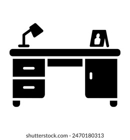 Work desk with lamp vector solid icon. Graph symbol for furniture, web site and apps design, logo, app, UI