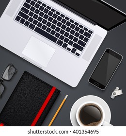 Work desk with laptop,phone,pencil,glasses,notebook,flash drive and coffee cup. Top view vector template.
