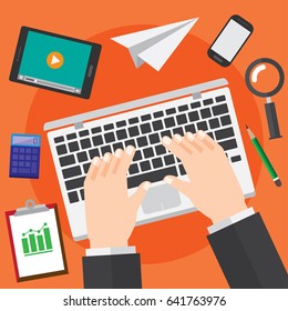 work desk. man working with computer and stuff. hand typing. vector illustration. information technology and business design concept.