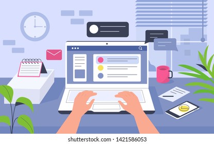 Work desk in office. Can use for backgrounds, infographics, hero images. Flat modern vector illustration.