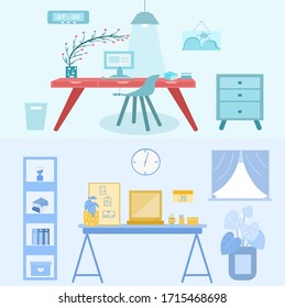 Work desk Office Design of modern office designer workplace. Creative office workspace with big window, desktop, modern monitor, furniture in interior. Vector illustration in flat minimalistic design,