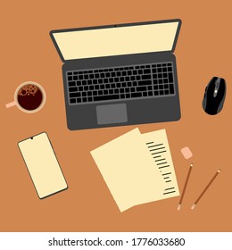 Work desk. Office from home flat vector illustration. Remote call online webinar. Laptop freelance