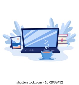 Work desk in office. Morning coffee. Can use for backgrounds, infographics. Flat modern vector illustration.