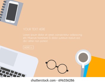 Work desk for office with stationery elements on the table. Top view with textured table, laptop, smartphone, and coffee mug