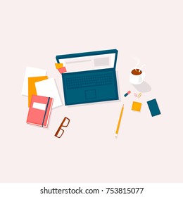 Work desk, office workspace, workplace. Top view. Laptop, objects, books, documents. Flat design vector illustration.