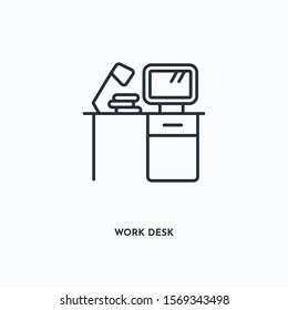 Work desk outline icon. Simple linear element illustration. Isolated line Work desk icon on white background. Thin stroke sign can be used for web, mobile and UI.