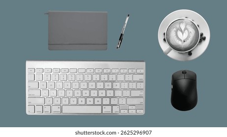 Work desk setup top view. Isolated objects including keyboard, mouse, notebook, pen, and cup of coffee. Realistic vector collage.