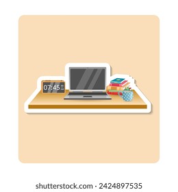 Work desk sticker illustration. Table, alarm, laptop, books, cup. Editable vector graphic design.
