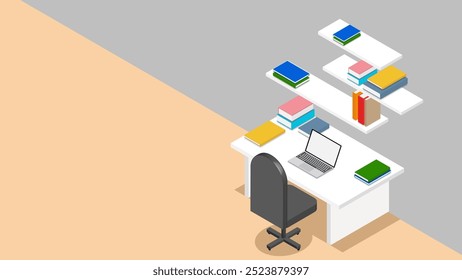 Work desk or study table with open laptop and stack of books isometric. Concept of distance learning, online learning, online exams and digital education. Vector illustration.