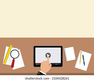 Work desk. Study table with tablet and meeting. Office top view. Cartoon illustration forc education. Workplace in classroom. Flat style. Vector.