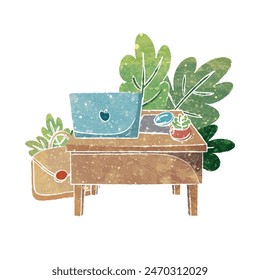 Un escritorio rodeado de muchas plantas de textura retro