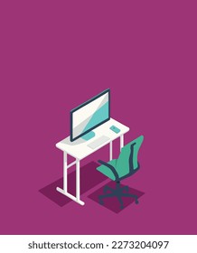 work desk with table, chair, computer and mobile phone, isometric illustration, business office, organized, flat design, pastel colors, purple background