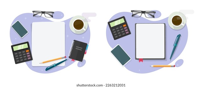 Work desk table vector overhead top view vector above illustration flat graphics design, study desktop with notebook note pad paper list pen pencil blank copy space office, memo writing document image