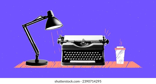 Work desk with typewriter, lamp and coffee. Contemporary halftone collage with doodle elements. Concept of a journalist or writer. Vector design.