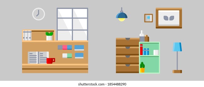 a work desk vector and a bookshelf vector designed in an outline style