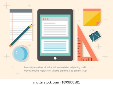 Work desk vector illustration on green color background, business office workplace table concept, flat modern desktop with devices, notebook to do list, organizer, paper work, planning