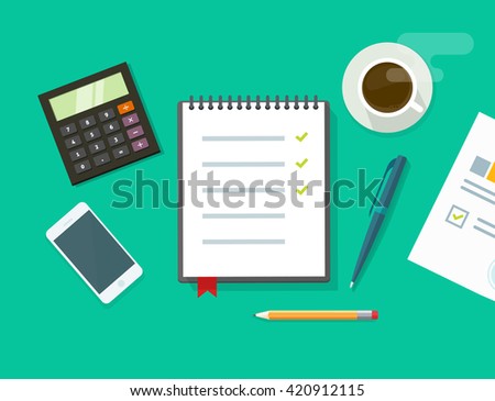 Work desk vector illustration on green color background, business office workplace table concept, flat modern desktop with devices, notebook to do list, organizer, paper work, planning