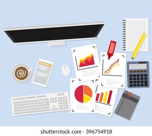 work desk, workplace  with graph paper and office supplies, digital device flat design vector illustration