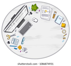 Work desk workspace top view with PC computer and a lot of different stationery objects on table with copy space for text. All elements are easy to use separately or recompose illustration. Vector.