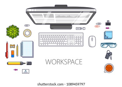 Work desk workspace top view and PC computer   lot different stationery objects table isolated  look above  All elements are easy to use separately recompose the illustration  Vector 