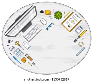 Work desk workspace top view with PC computer and a lot of different stationery objects on table with copy space for text. All elements are easy to use separately or recompose illustration. Vector.