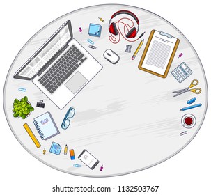 Work desk workspace top view with PC notebook and a lot of different stationery objects on table with copy space for text. All elements are easy to use separately or recompose illustration. Vector.