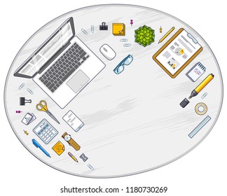 Work desk workspace top view with PC notebook and analytics papers with graphs and data and stationery objects on table. All elements are easy to use separately or recompose illustration. Vector.