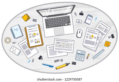 Work desk workspace top view with PC notebook and analytics papers with graphs and data and stationery objects on table. All elements are easy to use separately or recompose illustration. Vector.