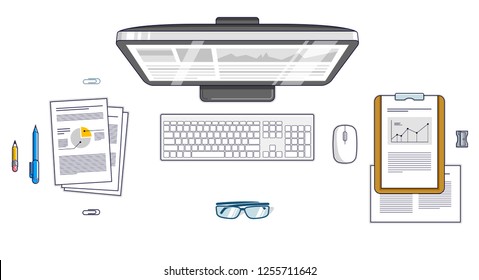 Work desk workspace top view with PC computer and a lot of different stationery objects on table isolated, look above. All elements are easy to use separately or recompose the illustration. Vector.