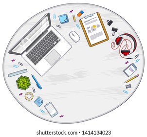 Work desk workspace top view with PC notebook and a lot of different stationery objects on table with copy space for text. All elements are easy to use separately or recompose illustration. Vector.