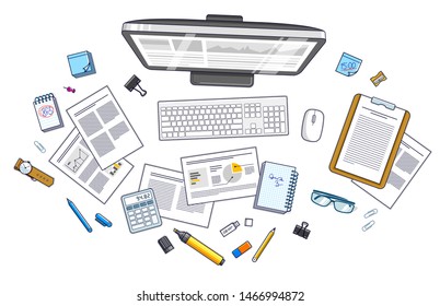 Work desk workspace top view with PC computer and analytics papers with graphs and data and stationery objects on table. All elements are easy to use separately or recompose illustration. Vector.