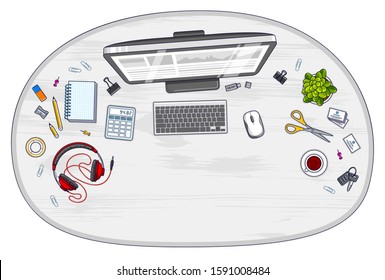 Work desk workspace top view and PC computer   lot different stationery objects table and copy space for text  All elements are easy to use separately recompose illustration  Vector 