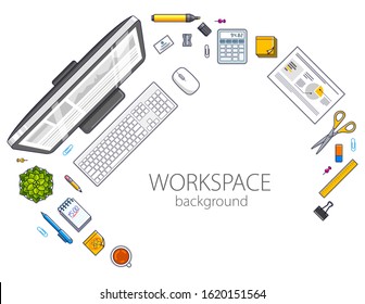 Work desk workspace top view with PC computer and a lot of different stationery objects on table with copy space for text. All elements are easy to use separately or recompose illustration. Vector.