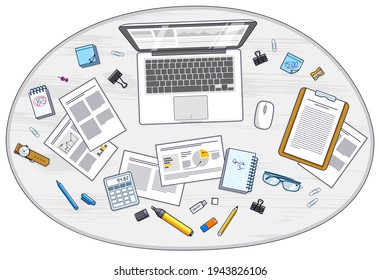 Work desk workspace top view with PC notebook and analytics papers with graphs and data and stationery objects on table. All elements are easy to use separately or recompose illustration. Vector.