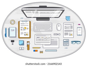 Work desk workspace top view with PC computer and analytics papers with graphs and data and stationery objects on table. All elements are easy to use separately or recompose illustration. Vector.