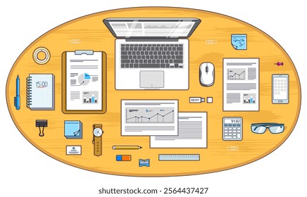 Work desk workspace top view with laptop computer and analytics papers with graphs and data and stationery objects on table. All elements are easy to use separately or recompose illustration. Vector.