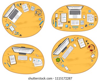 Work desks workspaces top view with PC or laptops and a lot of different stationery objects and analytics documents on tables, look above. All elements are easy to use separately. Vector set.