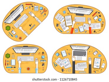 Work desks workspaces top view with hands of office workers or entrepreneurs, PC computers and a lot of different stationery objects on tables. All elements are easy to use separately. Vector set.