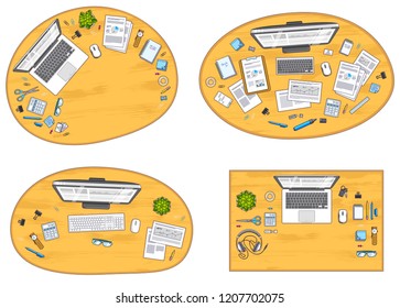 Work desks workspaces top view with PC or laptops and a lot of different stationery objects and analytics documents on tables, look above. All elements are easy to use separately. Vector set.