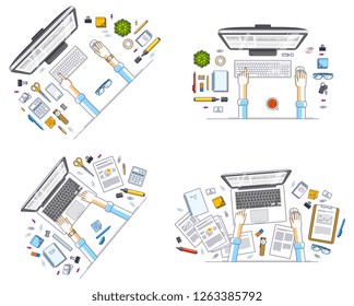 Work desks workspaces top view with hands of office workers or entrepreneurs, PC computers and a lot of different stationery objects on tables. All elements are easy to use separately. Vector set.